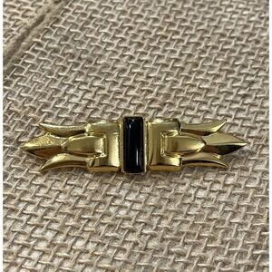 Vintage  Gold Tone Rectangular ART DECO Faux Black Onyx Brooch Pin 2.5"